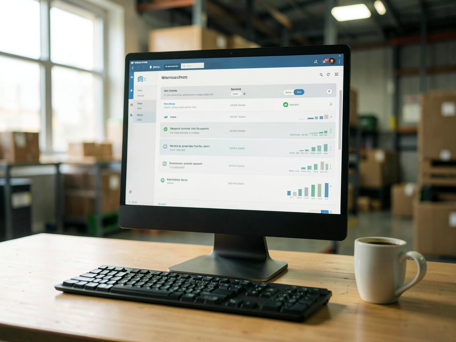 A warehouse desk with an inventory and order management interface on screen